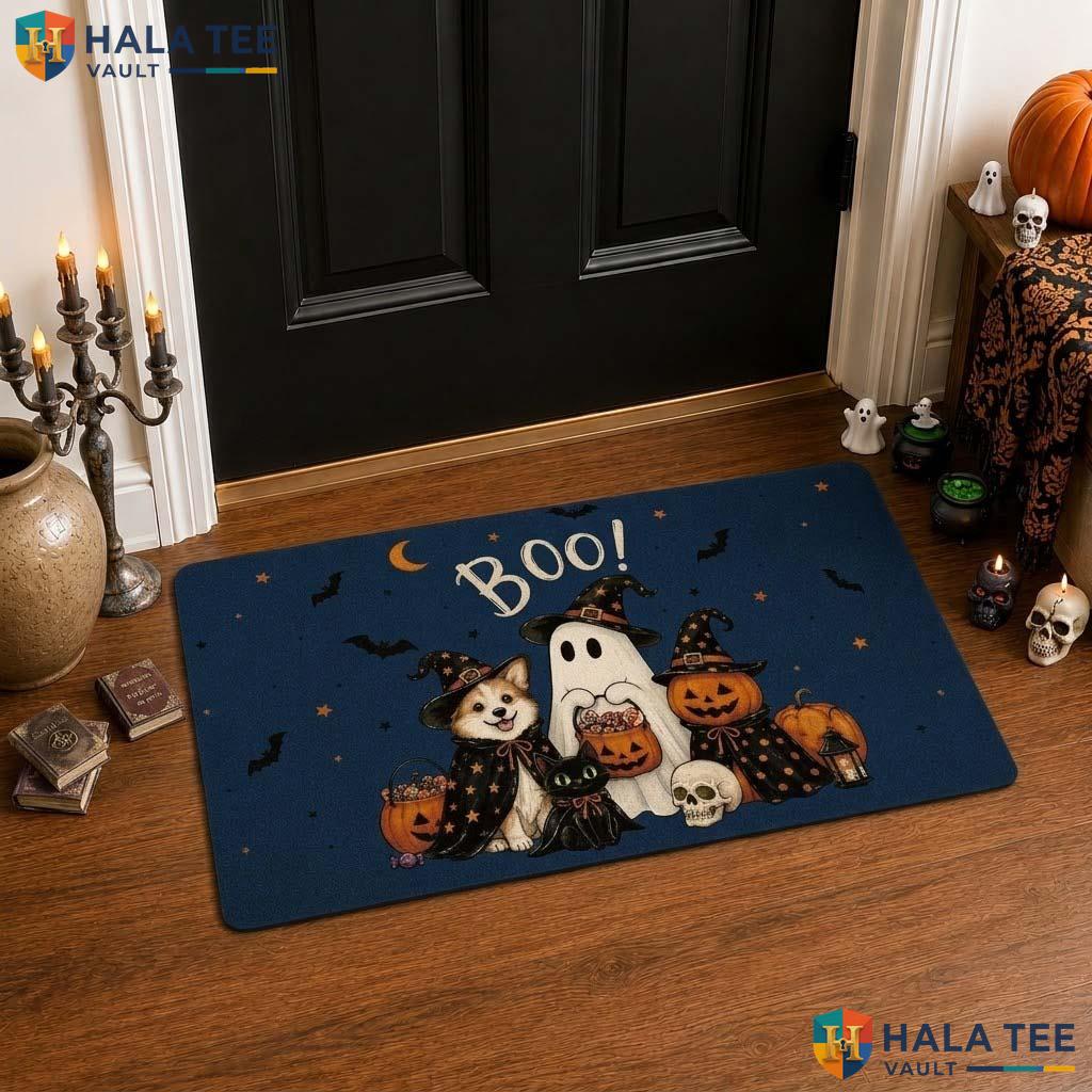 Ghost Dog Lover Fall Front door mat Funny Cat Pumpkin Porch Decor Entrance Rug