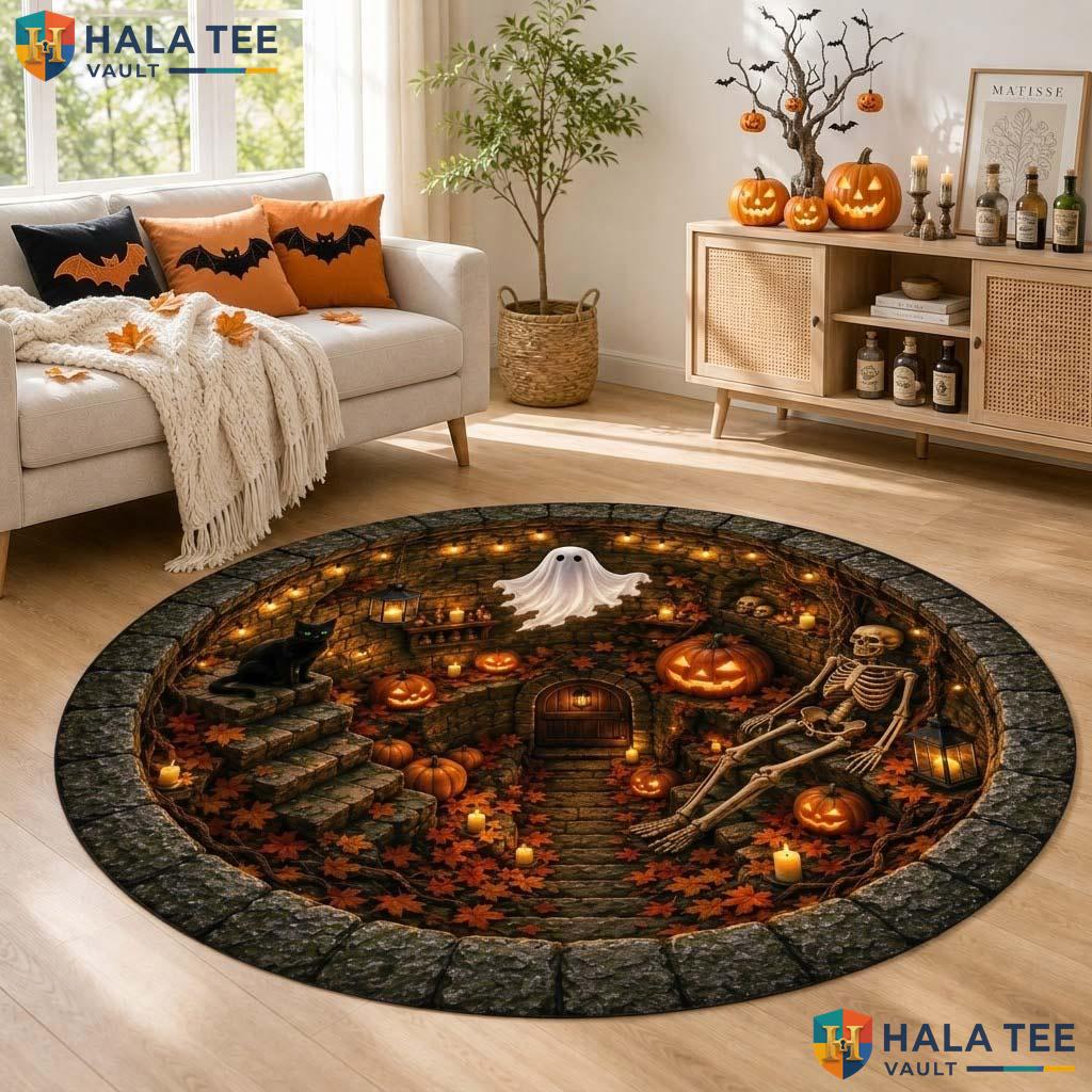 Ghost Dungeon Halloween Round Area Rug 3D Haunted Skeleton Pumpkin