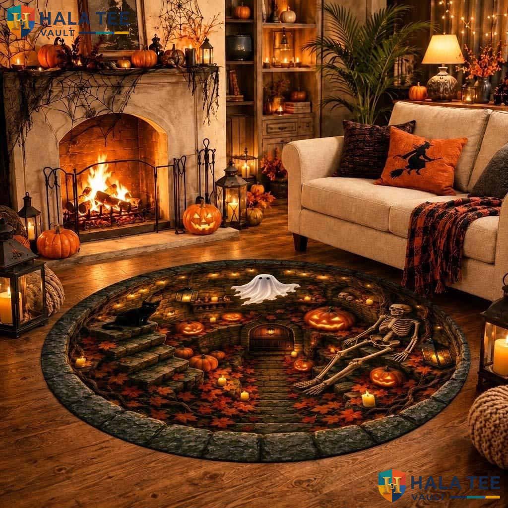 Ghost Dungeon Halloween Round Area Rug 3D Haunted Skeleton Pumpkin Adult