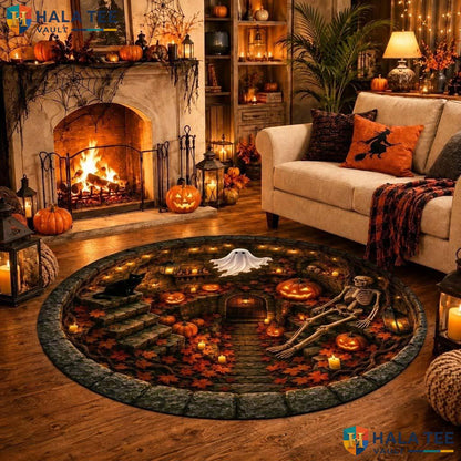 Ghost Dungeon Halloween Round Area Rug 3D Haunted Skeleton Pumpkin Adult