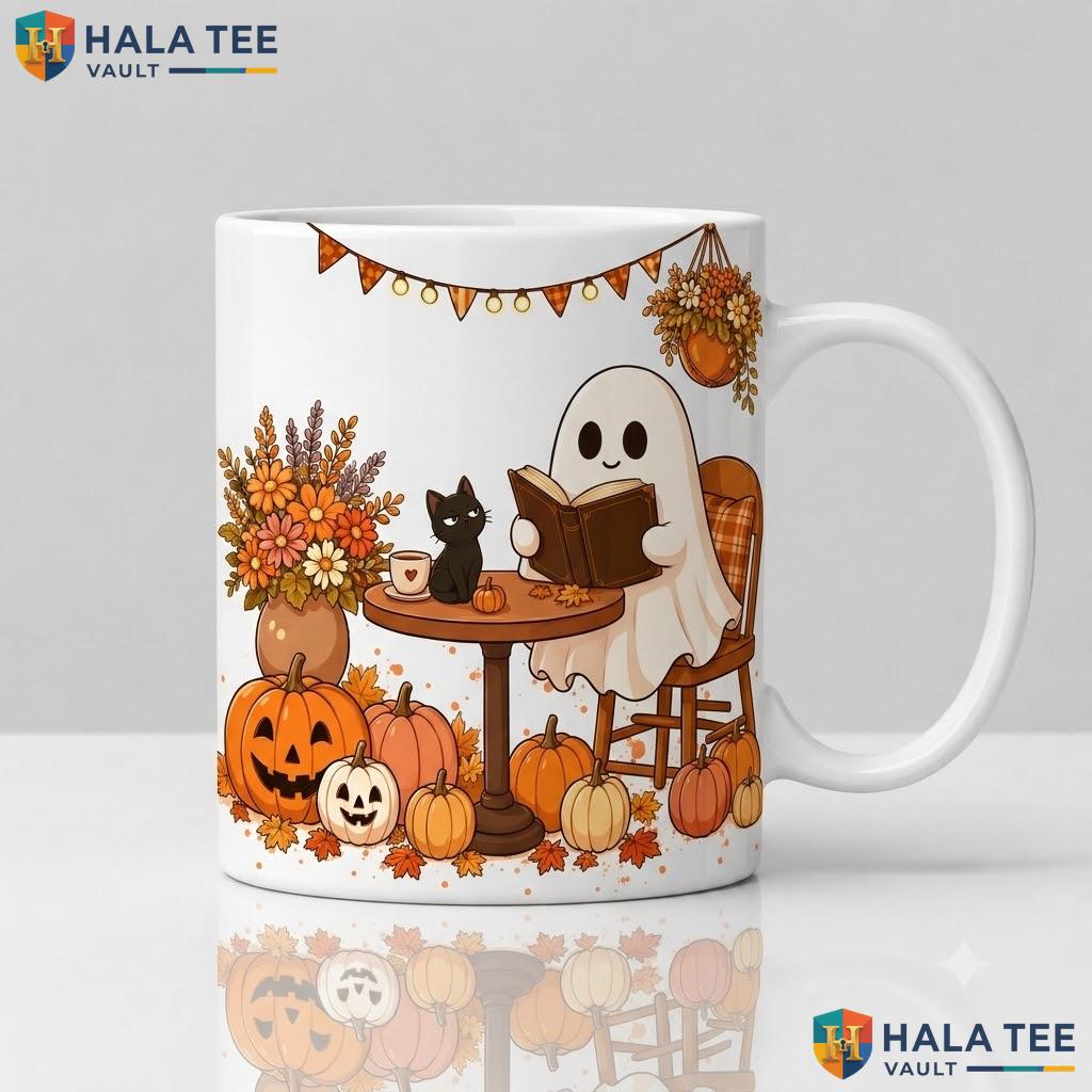 Ghost Fall And Cat Ceramic Mug Personalized Autumn Thanksgiving Cup