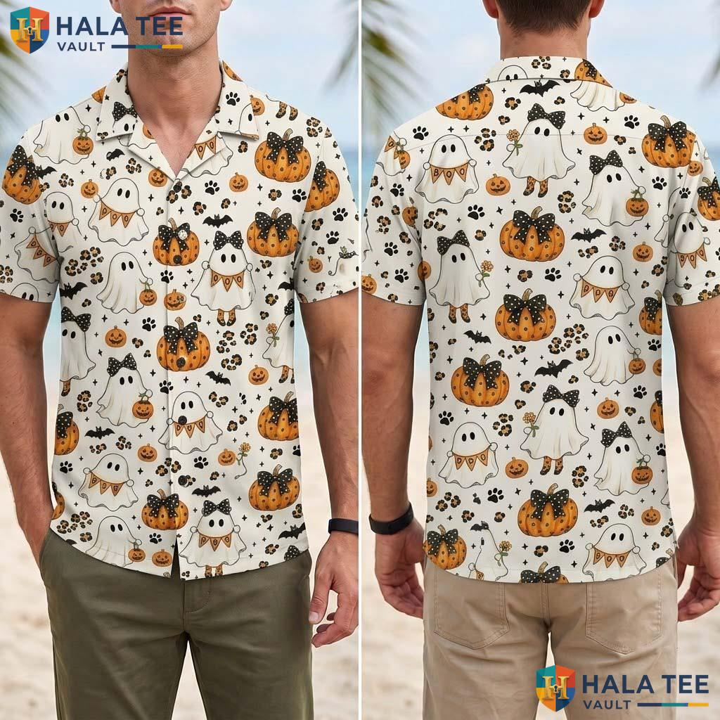 Ghost Flower Halloween Hawaiian Shirt Spooky Autumn Vacation Blouse Adult