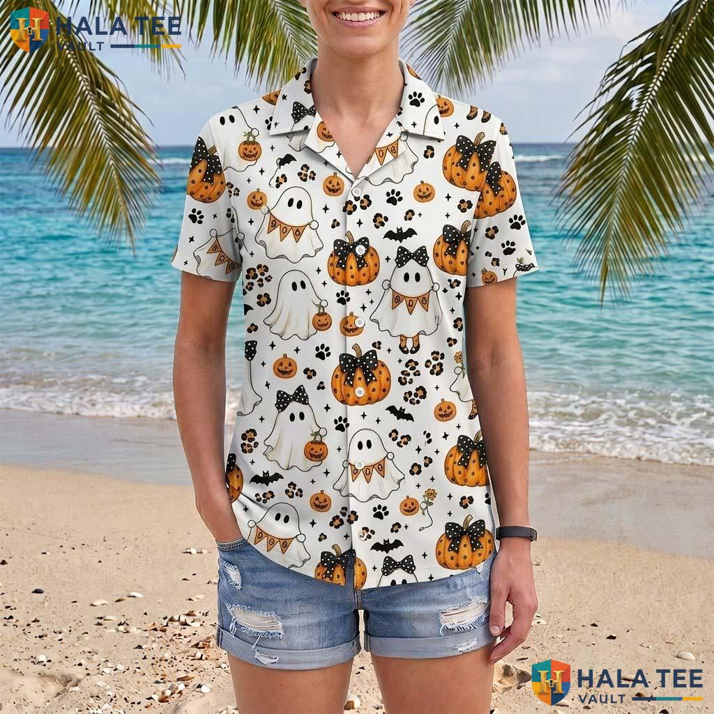 Ghost Flower Halloween Hawaiian Shirt Spooky Autumn Vacation Blouse Adult
