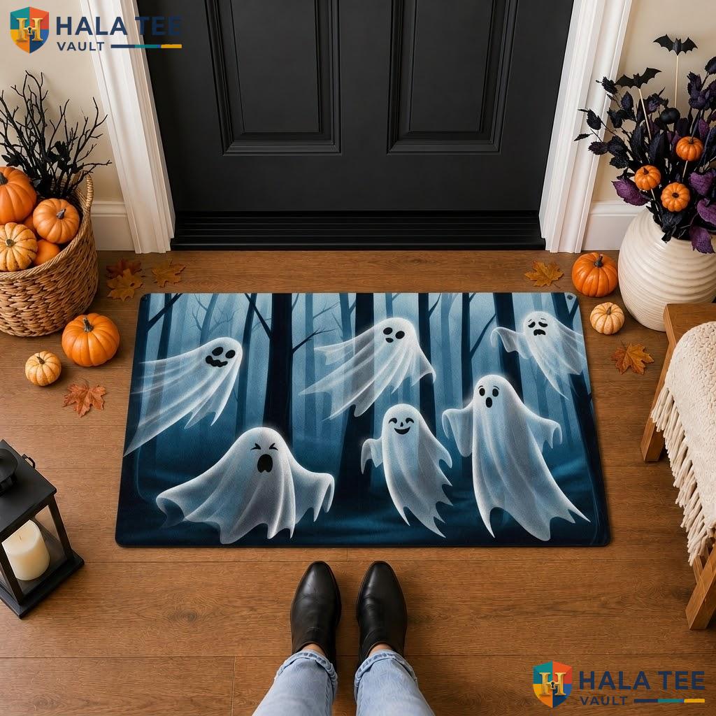 Ghost Forest Halloween Front door mat Spooky Eerie Fluttering Welcome Porch Rug