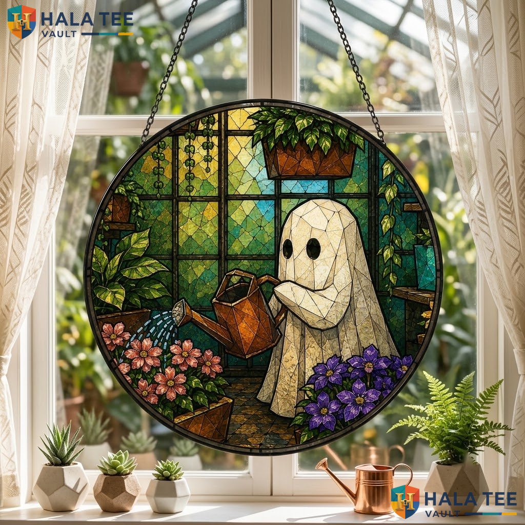 Ghost Gardener Halloween Stained Glass Suncatcher Whimsical Flower Hanging