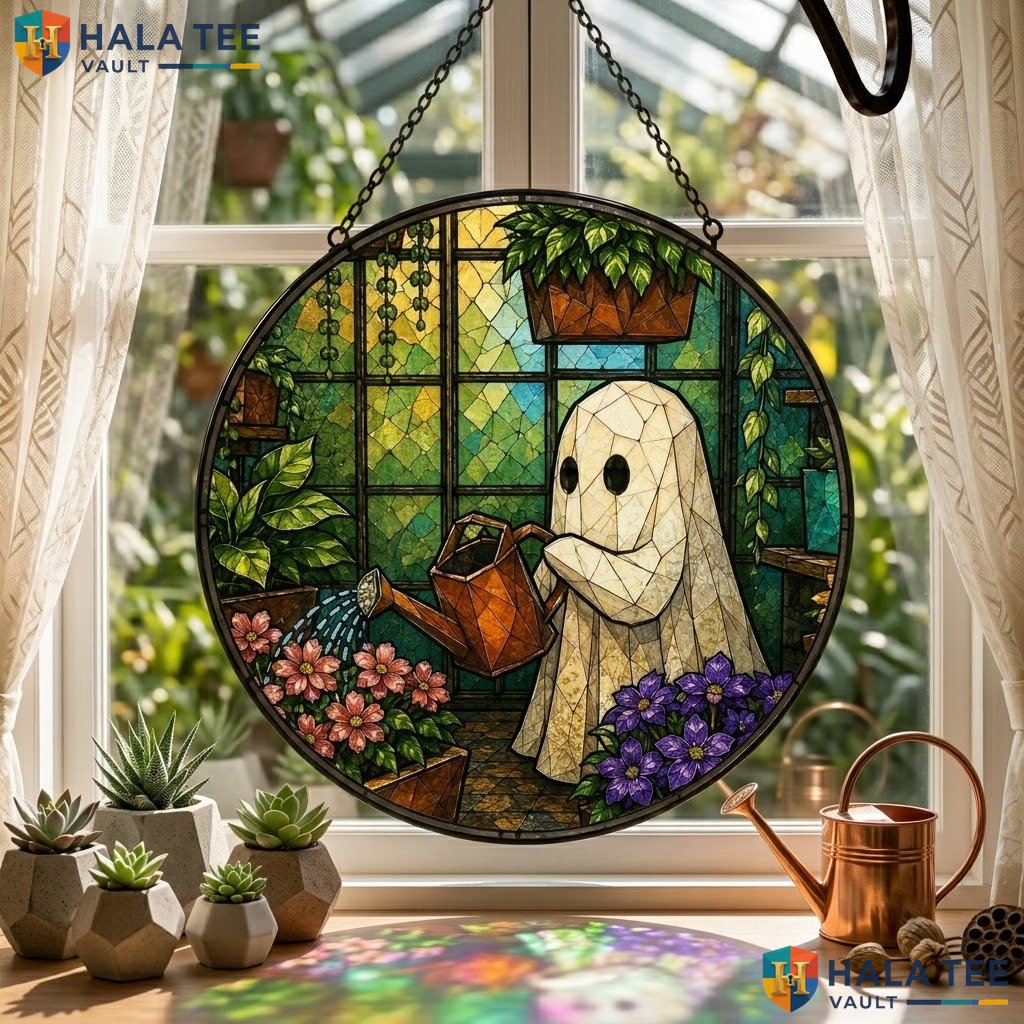 Ghost Gardener Halloween Stained Glass Suncatcher Whimsical Flower Hanging Adult