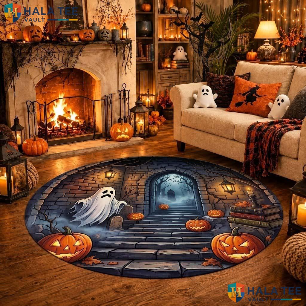 Ghost Graveyard Halloween Round Area Rug 3D Faux Tunnel Pumpkin Decor Adult