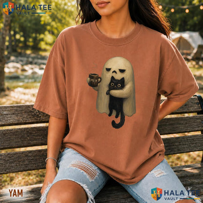 Ghost Holding Black Cat Comfort Colors Shirt Spooky Halloween Coffee Top