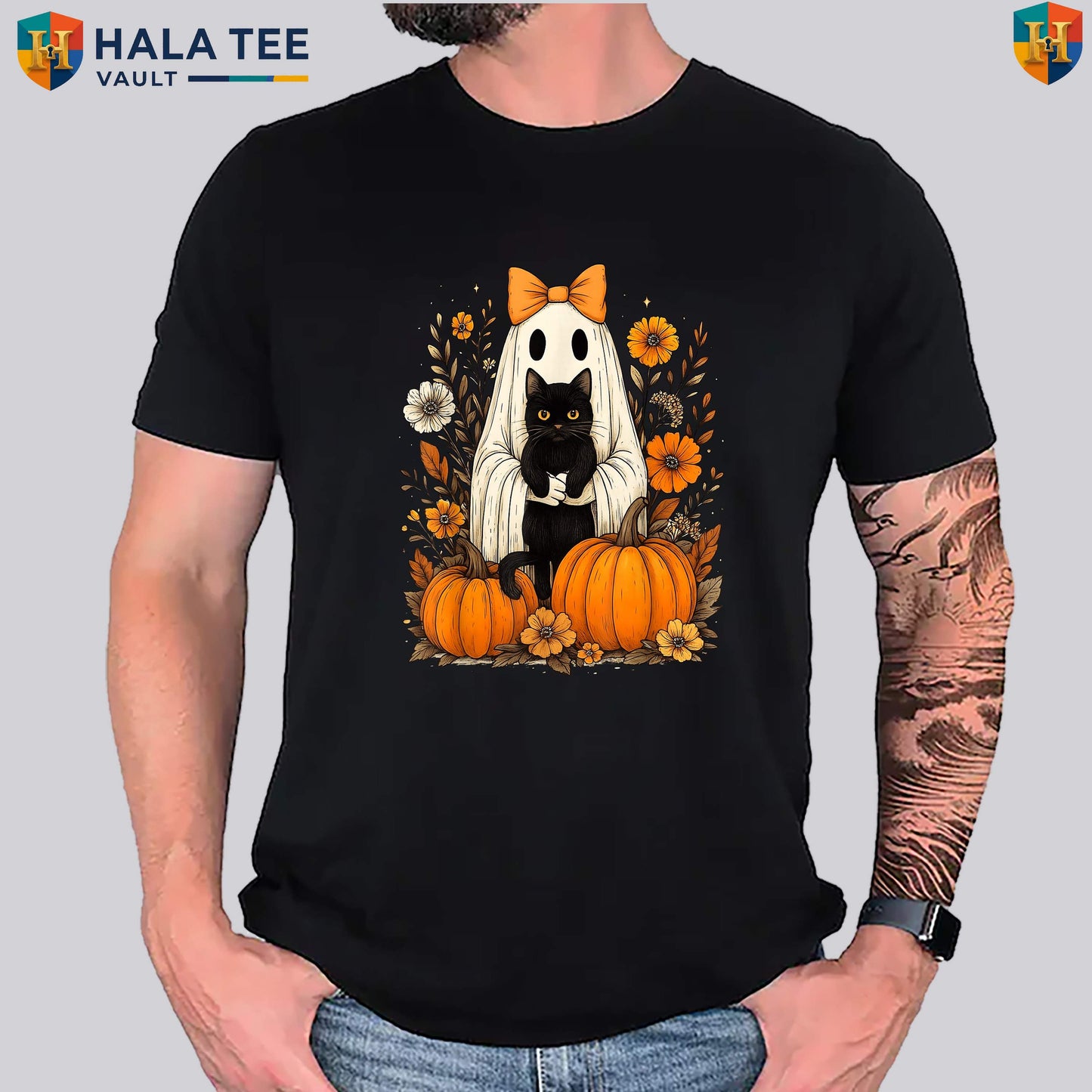 Ghost Holding Black Cat T-Shirt Vintage Groovy Floral Halloween Graphic Top