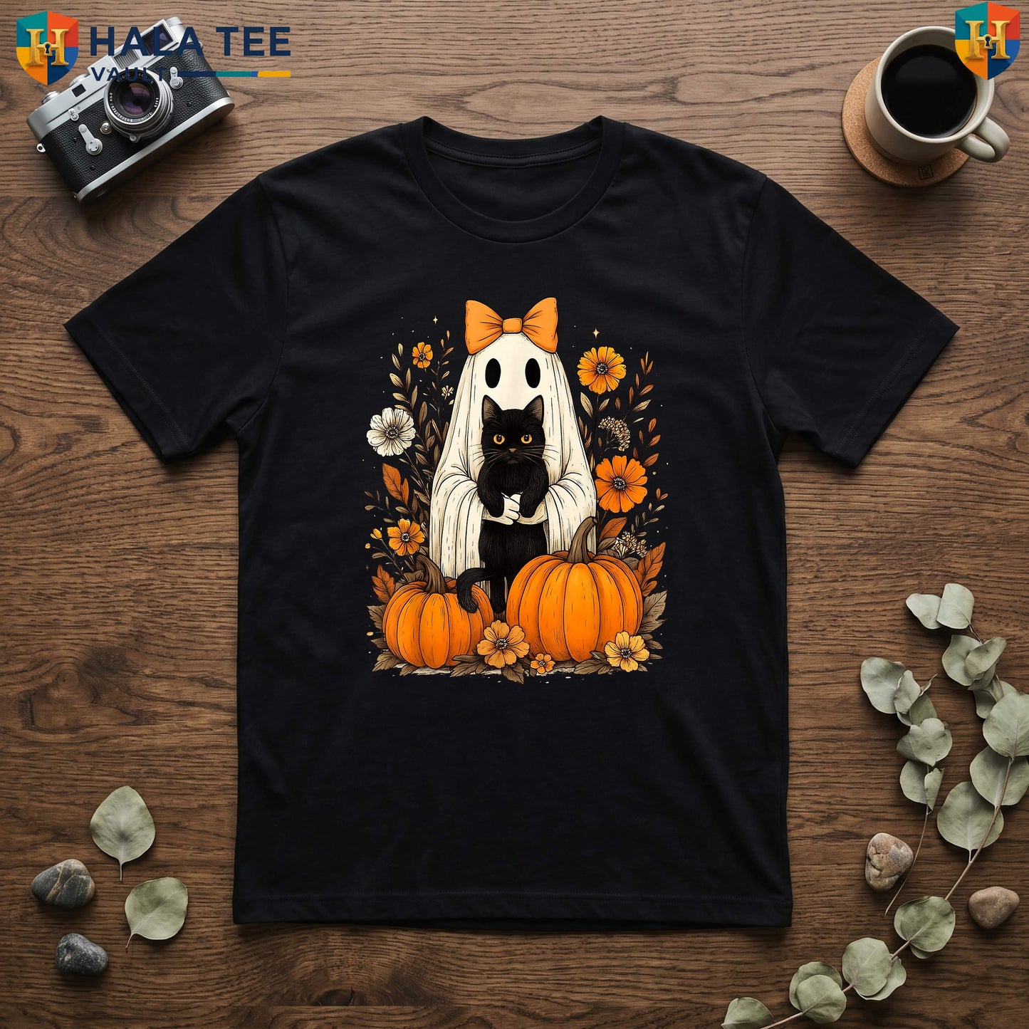 Ghost Holding Black Cat TShirt Vintage Groovy Floral Halloween Graphic Top