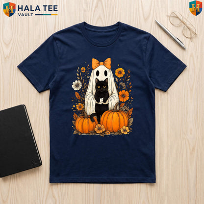 Ghost Holding Black Cat Tee Vintage Groovy Floral Halloween Graphic Top