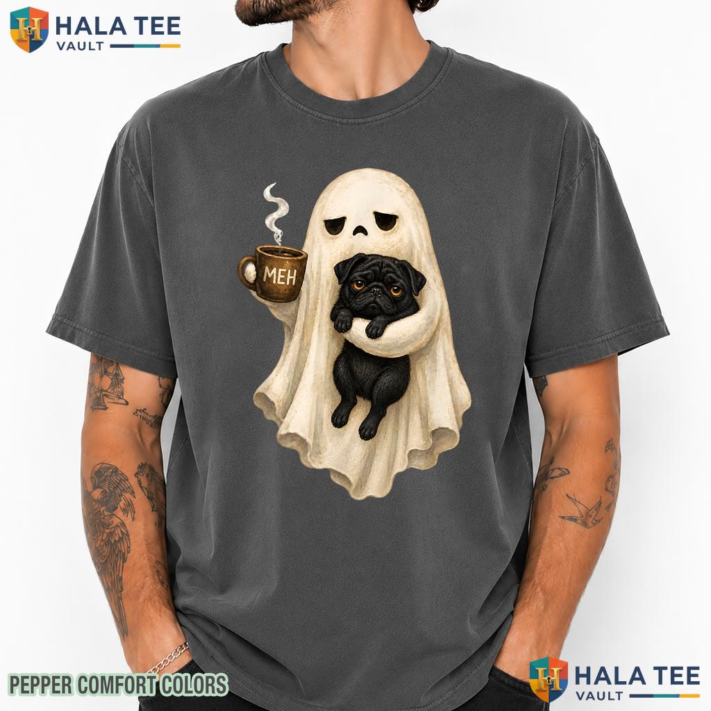 Ghost Hug Pug Dog Coffee Comfort Colors T-Shirt Spooky Halloween Top