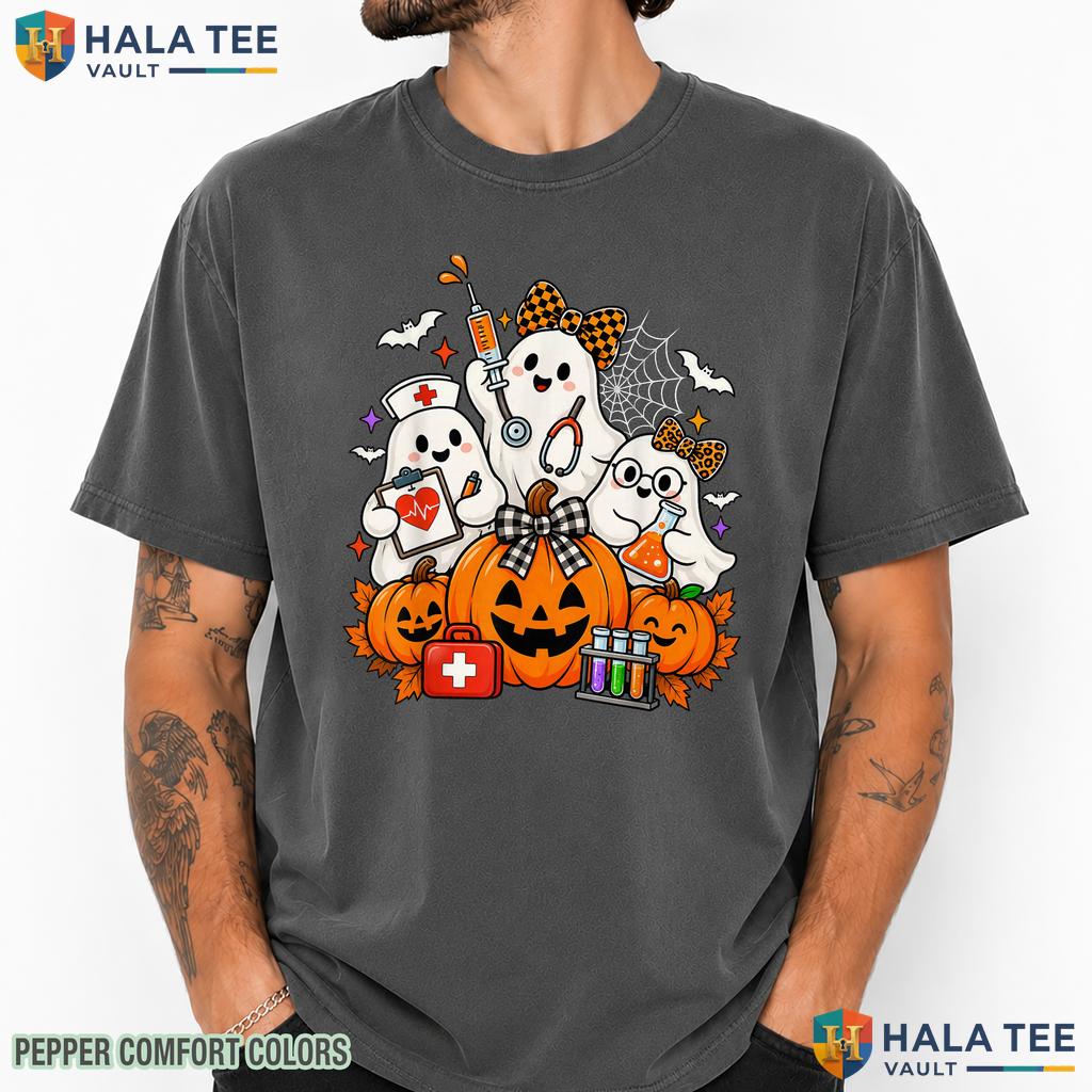 Ghost Nurse Phlebotomist Bow Comfort Colors T-Shirt Halloween Pumpkin