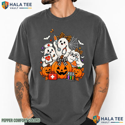 Ghost Nurse Phlebotomist Bow Comfort Colors T-Shirt Halloween Pumpkin