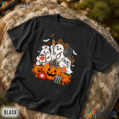 Ghost Nurse Phlebotomist Bow Garment-Dyed T-Shirt Halloween Pumpkin