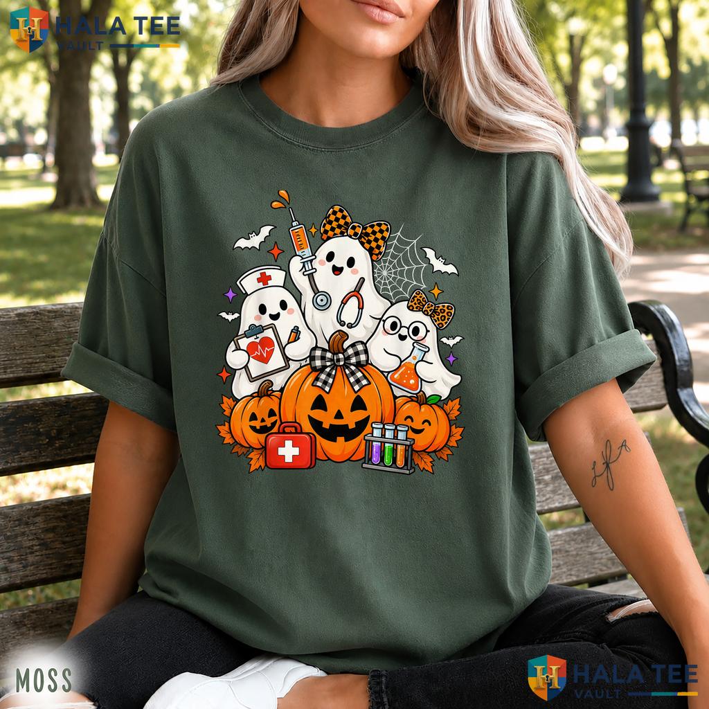 Ghost Nurse Phlebotomist Bow Comfort Colors Shirt Halloween Pumpkin