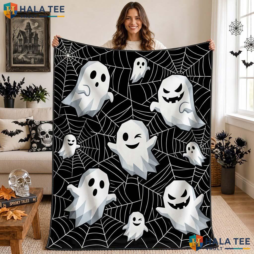 Ghost Party Halloween Blanket Playful Cartoon Spiderweb Throw Decor