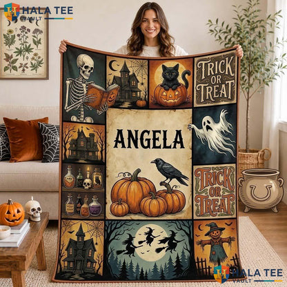 Ghost Patchwork Halloween Blanket Custom Name Vintage Spooky Throw