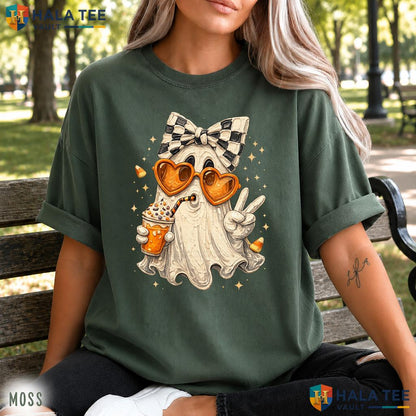 Ghost Pumpkin Coffee Comfort Colors T Shirt Coquette Bow Spooky Fall Apparel Vintage Washed Tee
