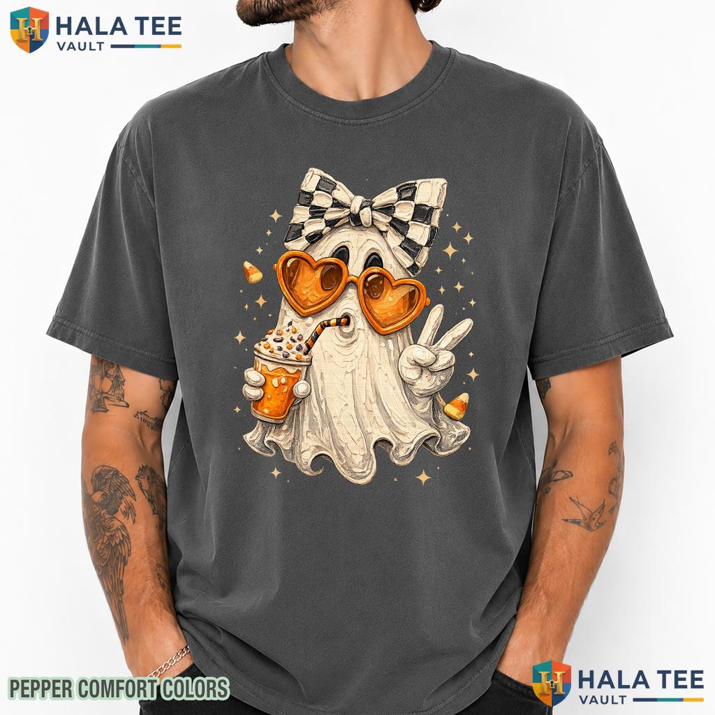 Ghost Pumpkin Coffee Comfort Colors T Shirt Coquette Bow Spooky Fall Apparel Heavyweight Cotton T-Shirt