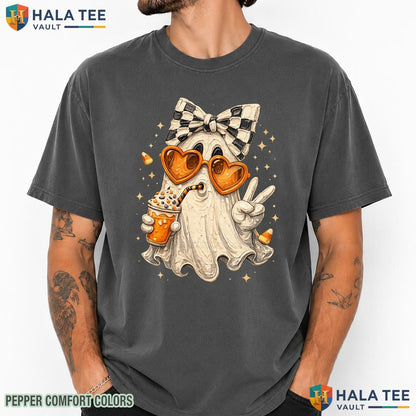Ghost Pumpkin Coffee Comfort Colors T Shirt Coquette Bow Spooky Fall Apparel Heavyweight Cotton T-Shirt