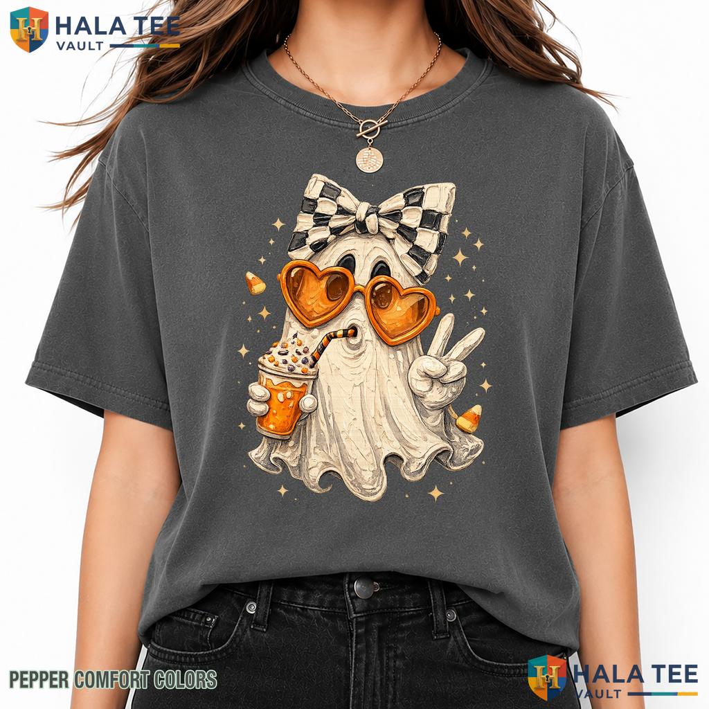 Ghost Pumpkin Coffee Comfort Colors T Shirt Coquette Bow Spooky Fall Apparel Relaxed Fit Tee