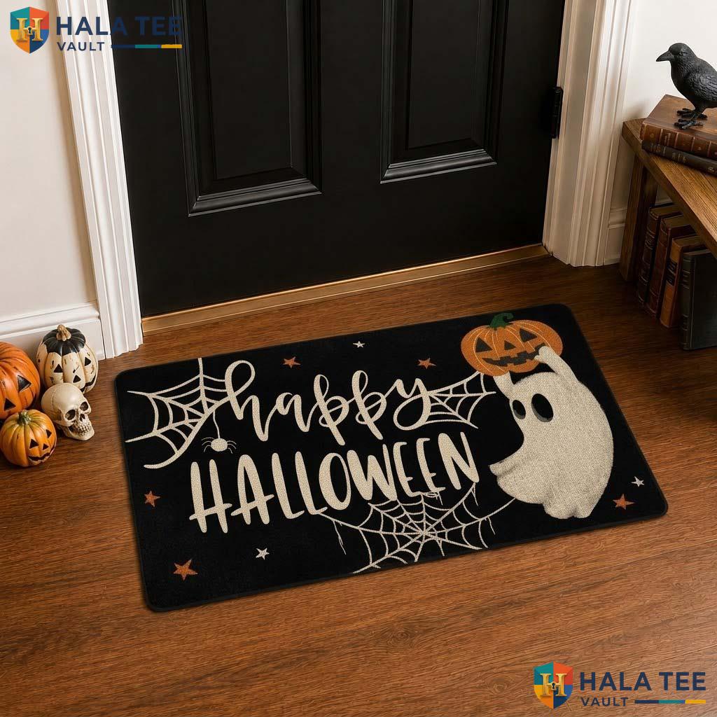 Ghost Pumpkin Fall Doormat Whimsical Spider Web Star Welcome Entrance Rug