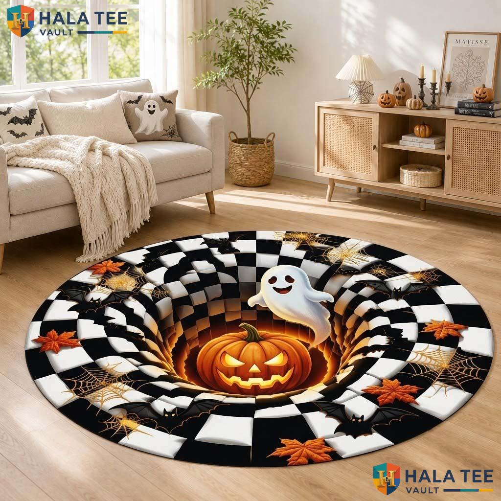 Ghost Pumpkin Halloween Round Area Rug 3D Whimsical Haunted Illusion
