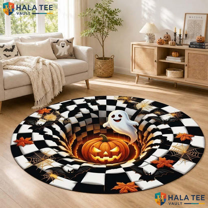 Ghost Pumpkin Halloween Round Area Rug 3D Whimsical Haunted Illusion