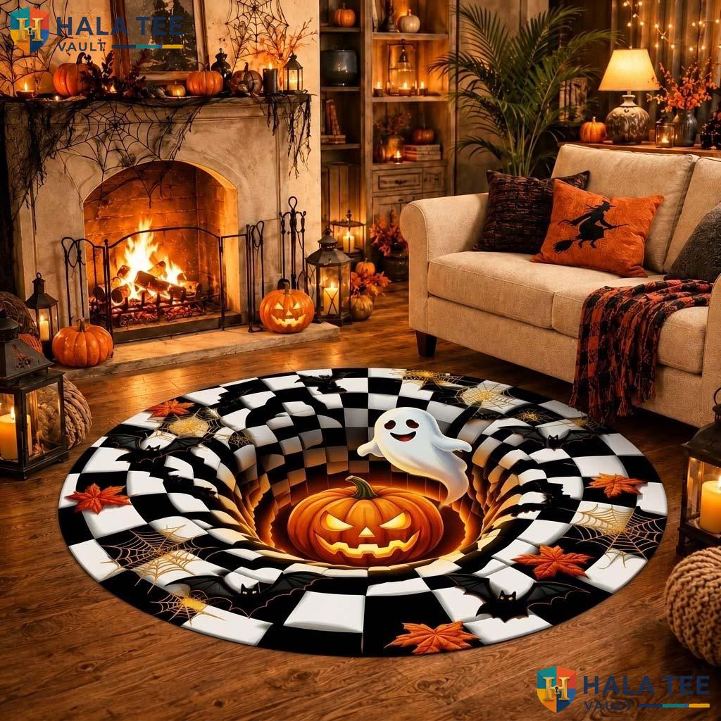 Ghost Pumpkin Halloween Round Area Rug 3D Whimsical Haunted Illusion Adult
