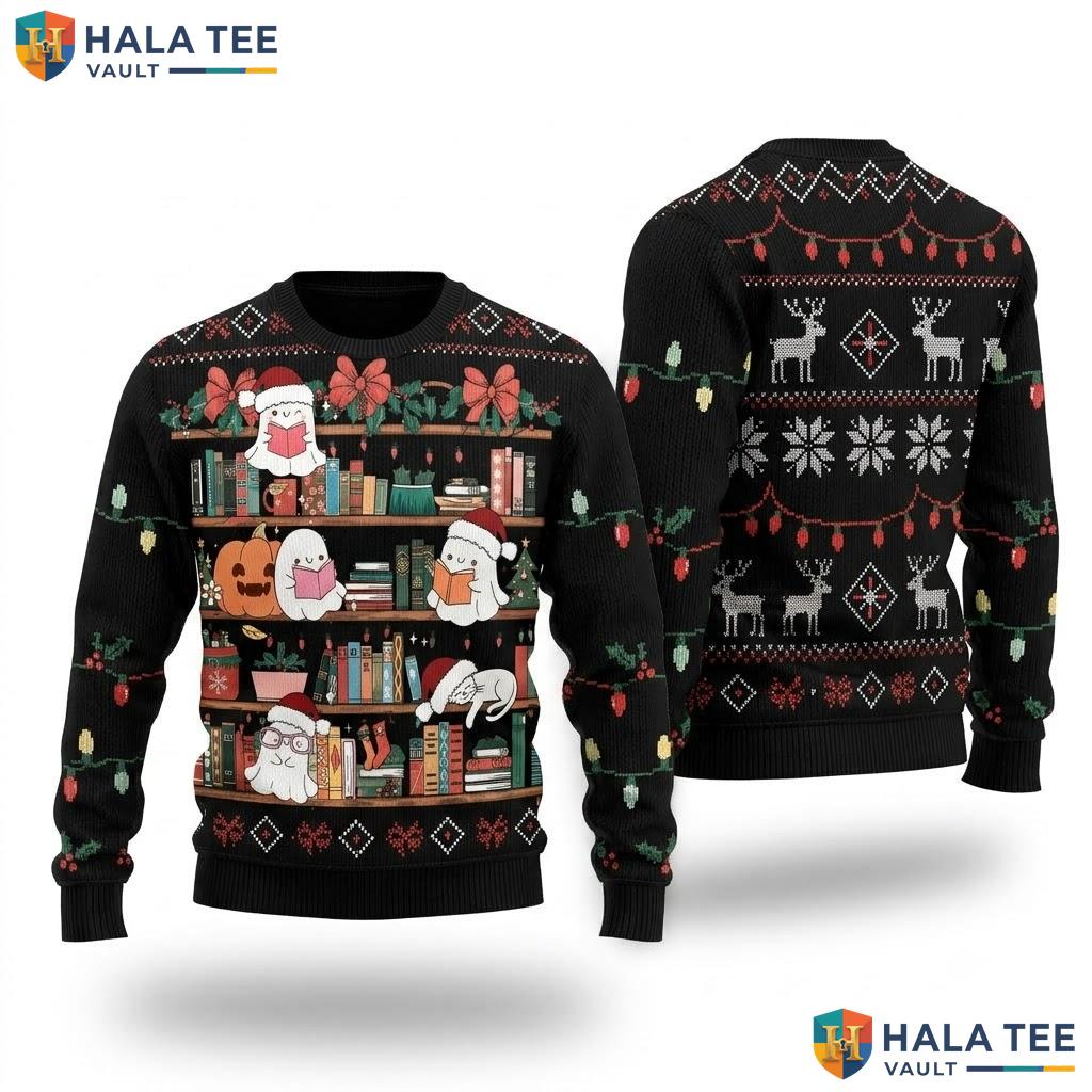 Ghost Reading Book Christmas Sweater Funny Library Teacher Holiday