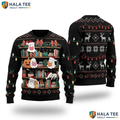 Ghost Reading Book Christmas Sweater Funny Library Teacher Holiday