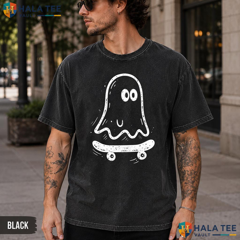 Ghost Skateboard Washed T-Shirt Funny Vintage Style Halloween Teen Apparel