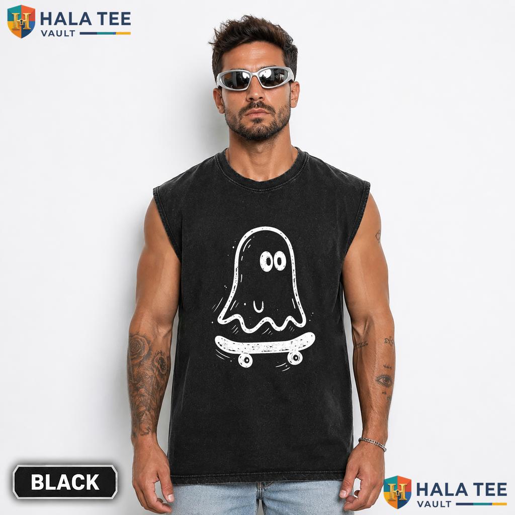 Ghost Skateboard Streetwear Washed T-Shirt Funny Vintage Style Halloween Teen Apparel