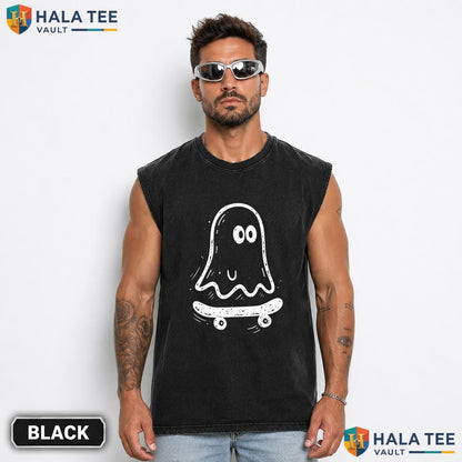 Ghost Skateboard Streetwear Washed T-Shirt Funny Vintage Style Halloween Teen Apparel
