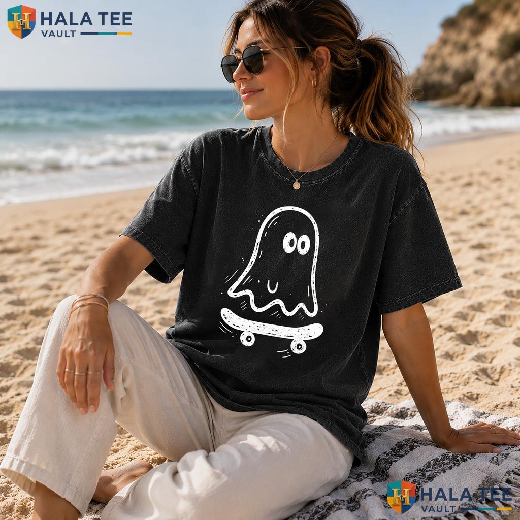 Ghost Skateboard Heavyweight Washed Shirt Funny Vintage Style Halloween Teen Apparel