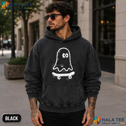 Ghost Skateboard Acid Washed T-Shirt Funny Vintage Style Halloween Teen Apparel