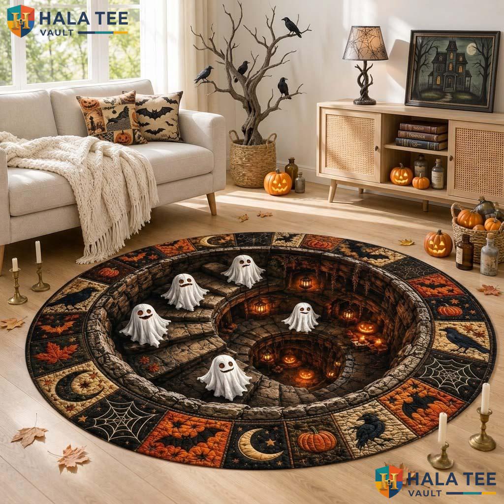 Ghost Staircase Halloween Round Area Rug 3D Spooky Optical Illusion