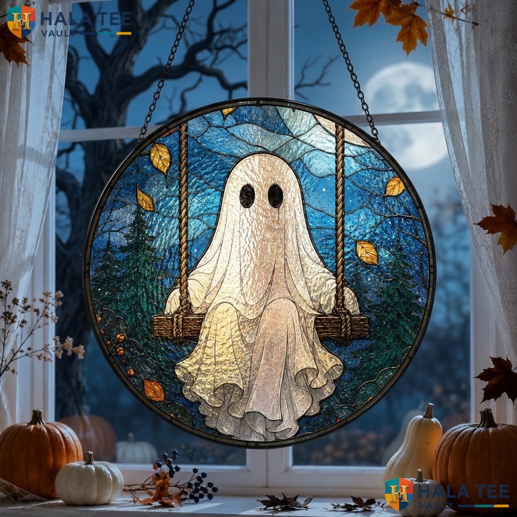 Ghost Swing Halloween Stained Glass Suncatcher Spooky Garden Moonlit Ornament