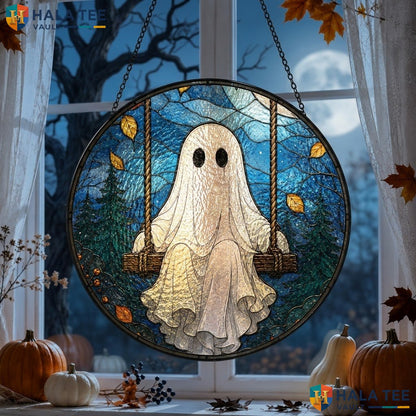 Ghost Swing Halloween Stained Glass Suncatcher Spooky Garden Moonlit Ornament