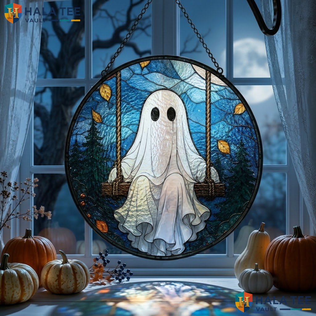Ghost Swing Halloween Stained Glass Suncatcher Spooky Garden Moonlit Ornament Adult