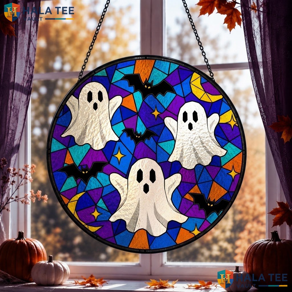 Ghost Trio Halloween Stained Glass Suncatcher Colorful Spooky Decor Gift Her