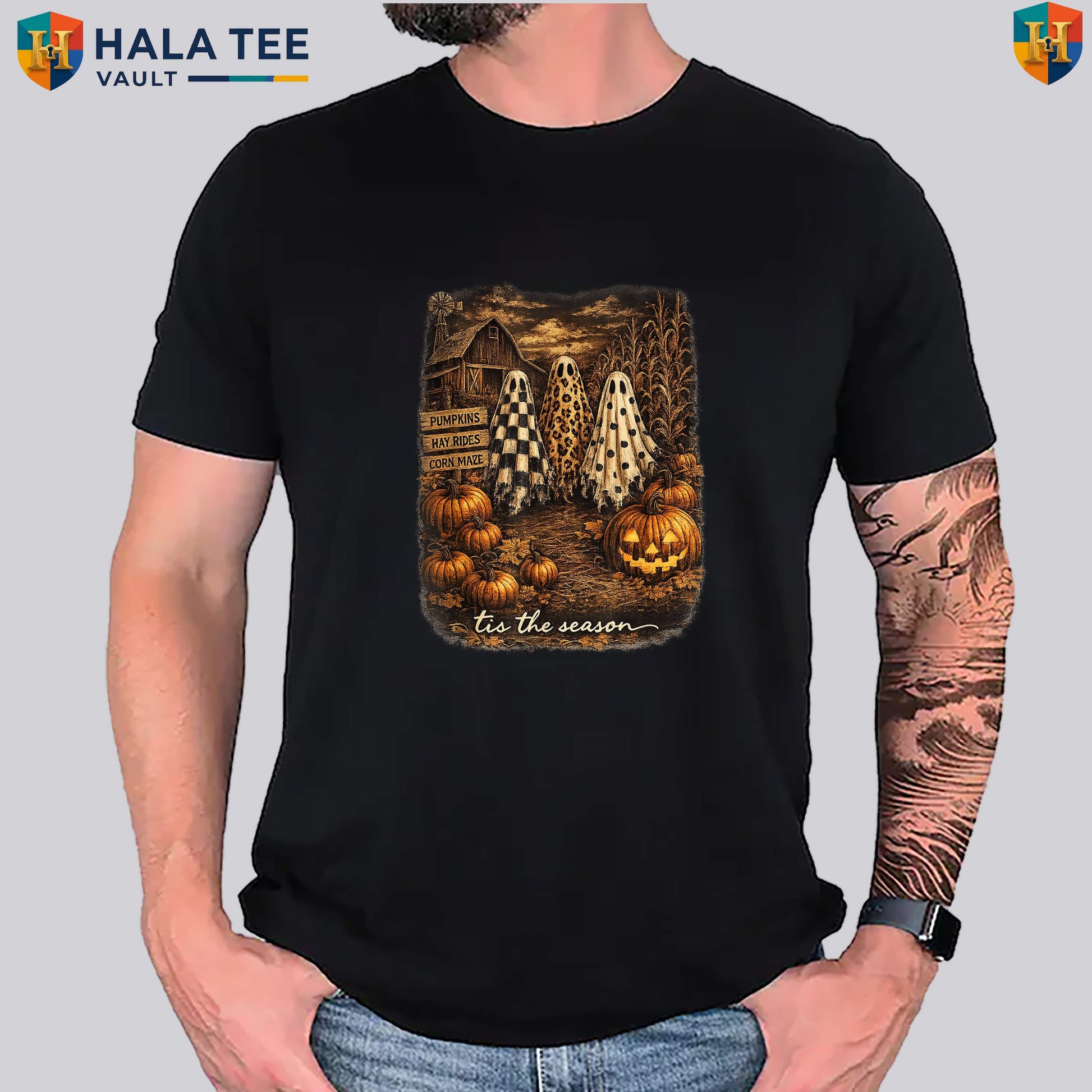 Ghost Trio Vintage Halloween TShirt Tis The Season Spooky Holiday Apparel