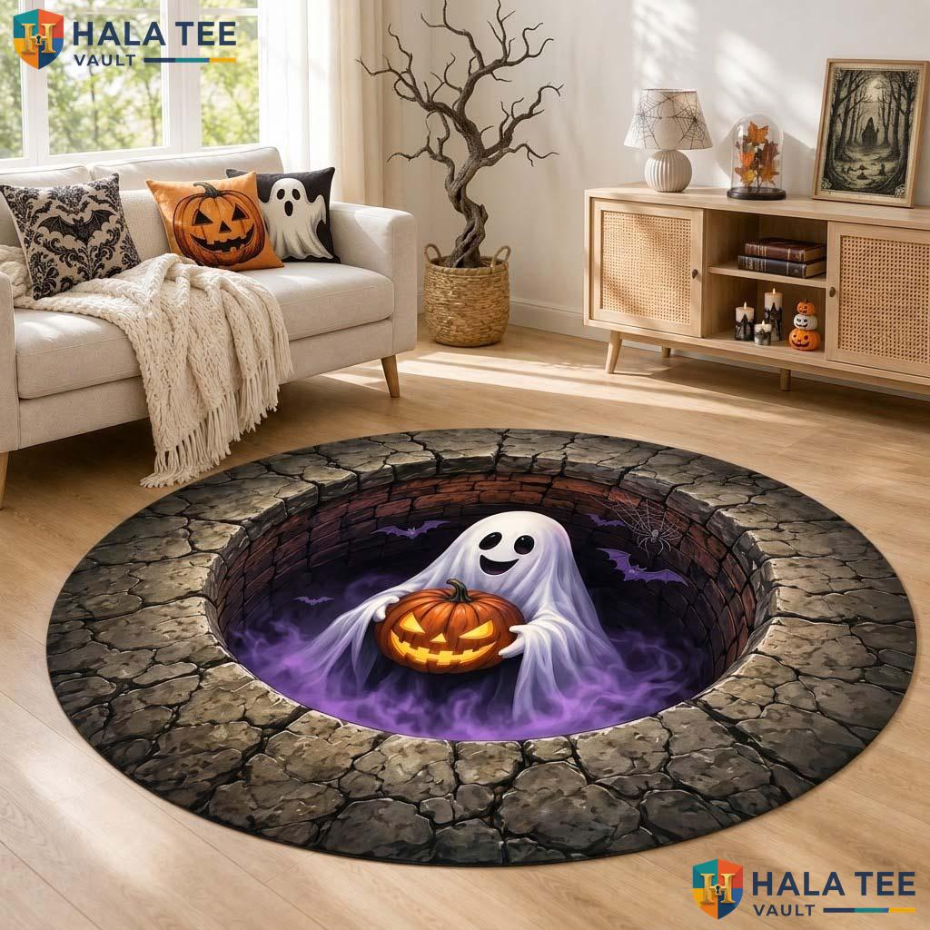 Ghost Well Halloween Round Area Rug 3D Haunted Pumpkin Illusion Decor