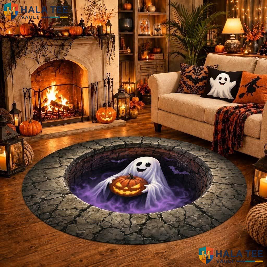 Ghost Well Halloween Round Area Rug 3D Haunted Pumpkin Illusion Decor Adult