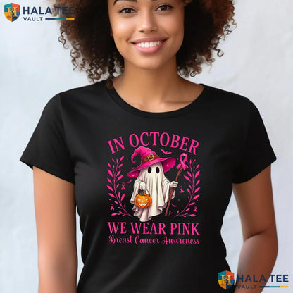 Ghost Witch Halloween Pink TShirt Breast Cancer October We Wear Top