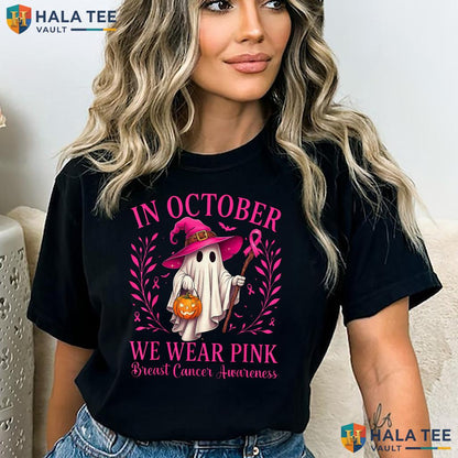 Ghost Witch Halloween Pink TShirt Breast Cancer October We Wear Top Adult