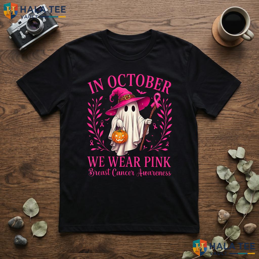 Ghost Witch Halloween Pink TShirt Breast Cancer October We Wear Top Adult