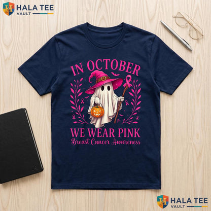 Ghost Witch Halloween Pink TShirt Breast Cancer October We Wear Top Adult