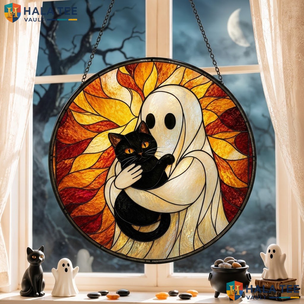 Ghostly Figure Halloween Stained Glass Suncatcher Whimsical Black Cat Window